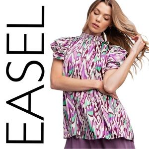 easel Multicolor Purple Ikat Puff-Sleeve Blouse
